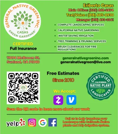 General Native Green business card listing landscaping, native gardening, irrigation, tree trimming and brush clearance services