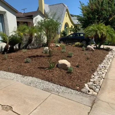Mulch applied around new plantings in a landscaped front yard
